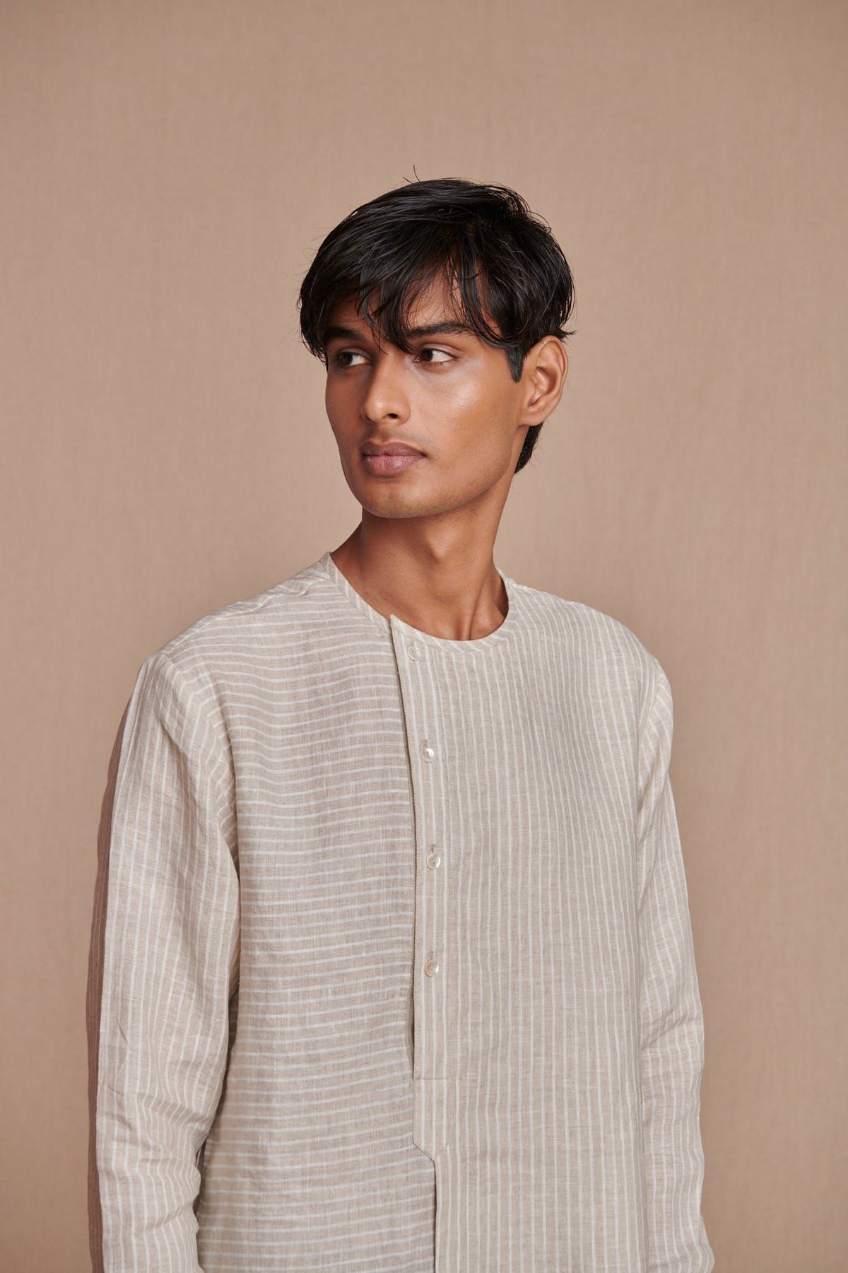 Undyed Pinstripe Linen Side Open Kurta Set - Sale - image 6