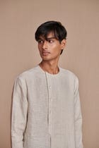 Undyed Pinstripe Linen Side Open Kurta Set - Sale view 6