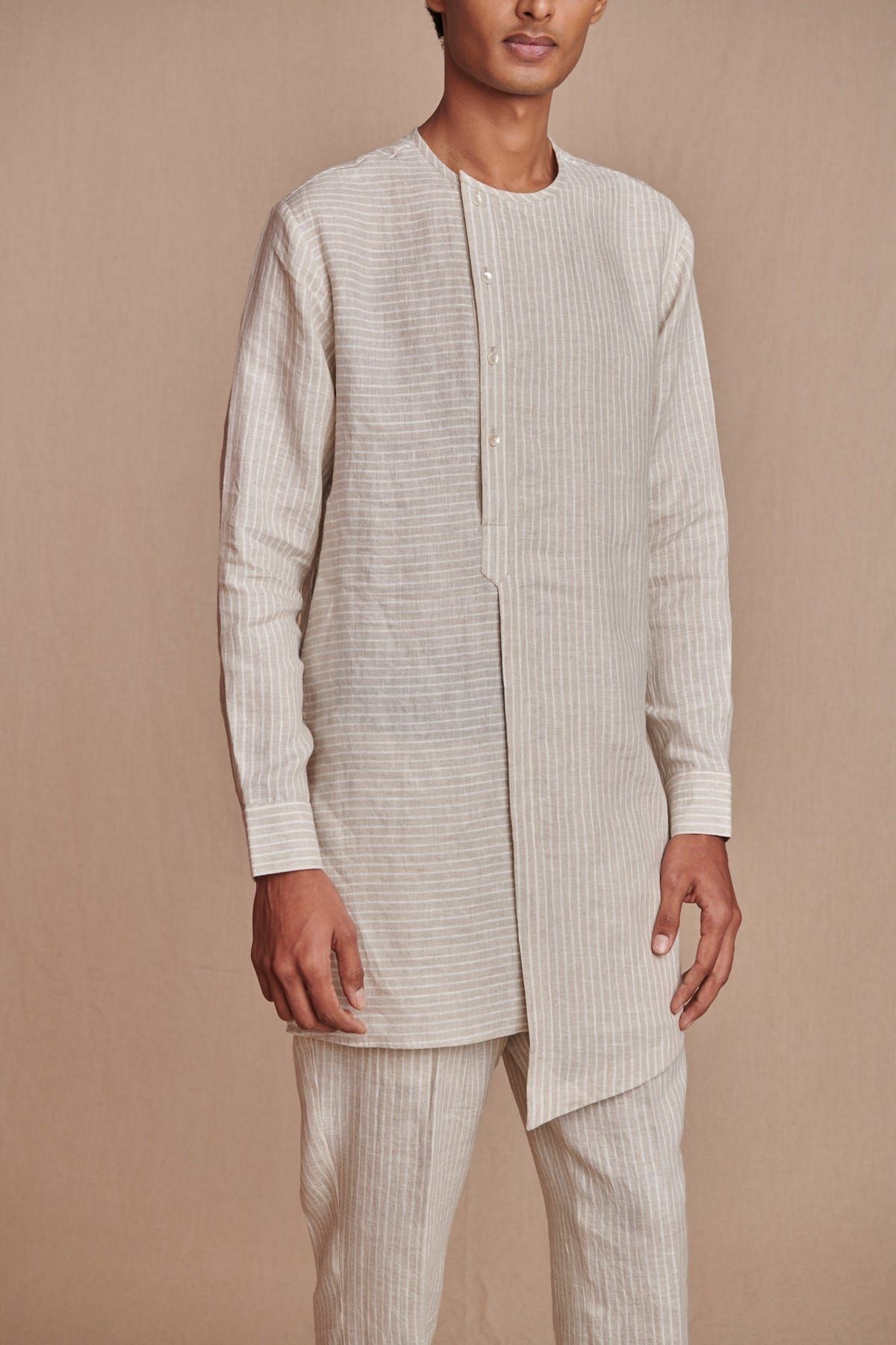 Undyed Pinstripe Linen Side Open Kurta Set - Sale - image 7