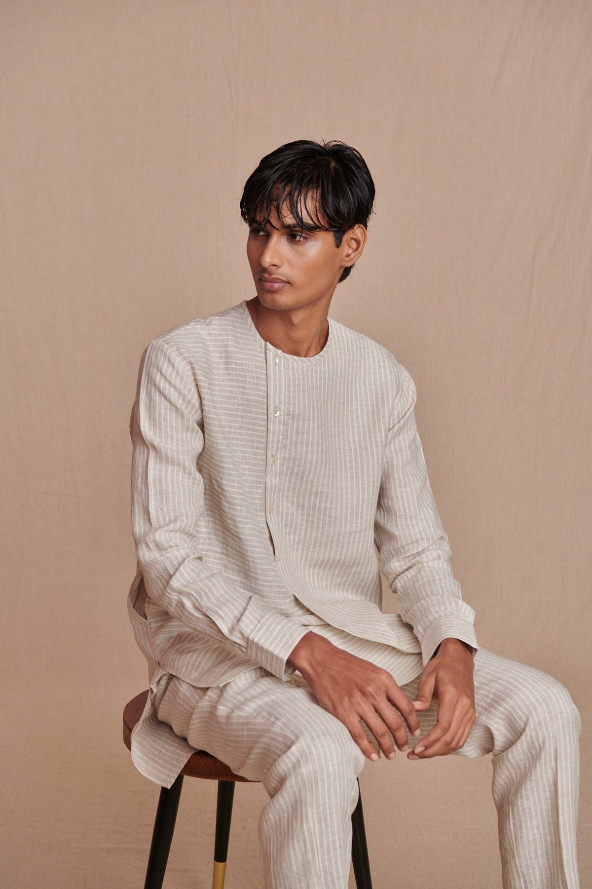 Undyed Pinstripe Linen Side Open Kurta Set - Sale - image 8
