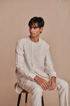 Undyed Pinstripe Linen Side Open Kurta Set - Sale view 8