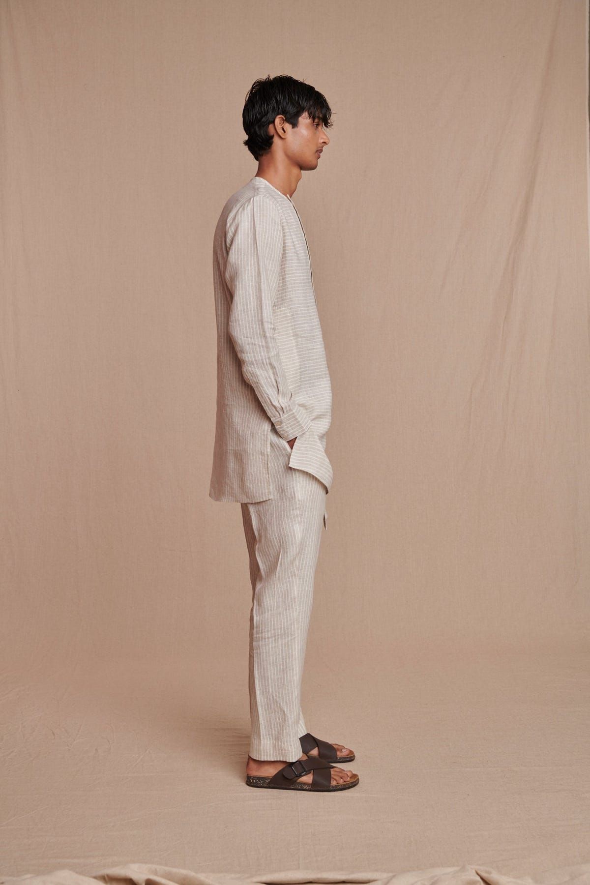 Undyed Pinstripe Linen Side Open Kurta Set - Sale - image 9