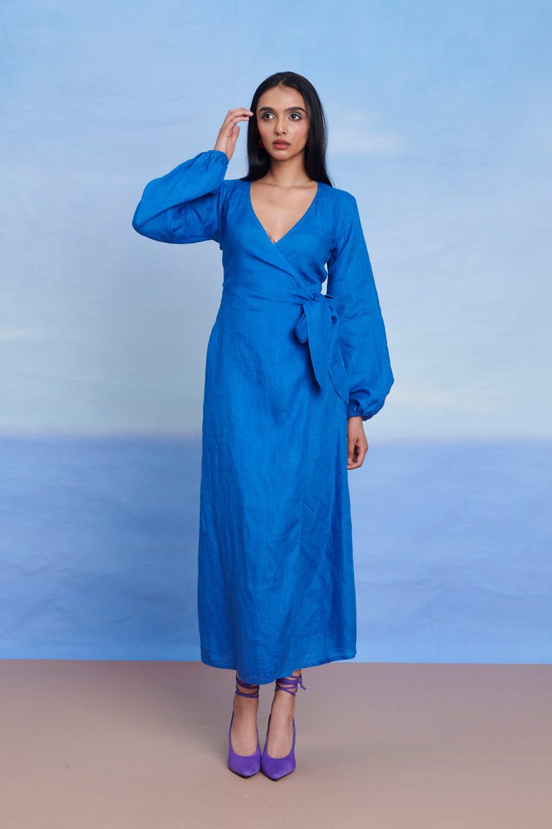 Santorini Linen Wrap Billow Dress - Sale