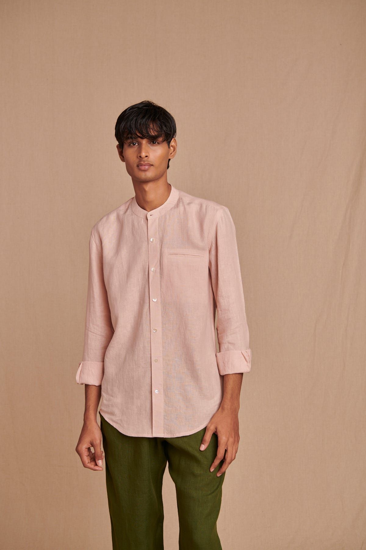 Blush Linen Men's Band Collar Shirt – Slim Fit - image 1