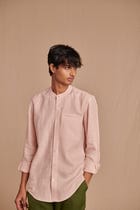 Blush Linen Men's Band Collar Shirt – Slim Fit view 3