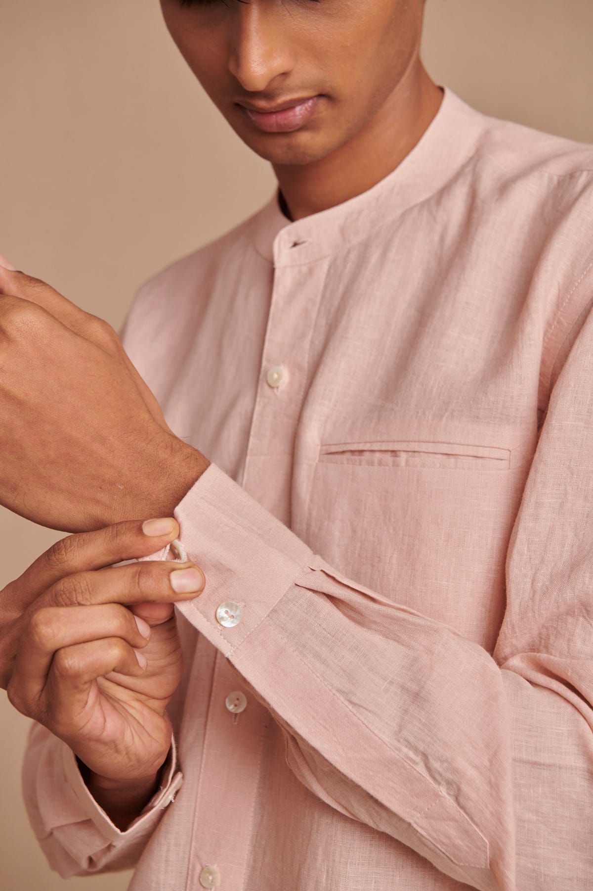 Blush Linen Men's Band Collar Shirt – Slim Fit - image 6