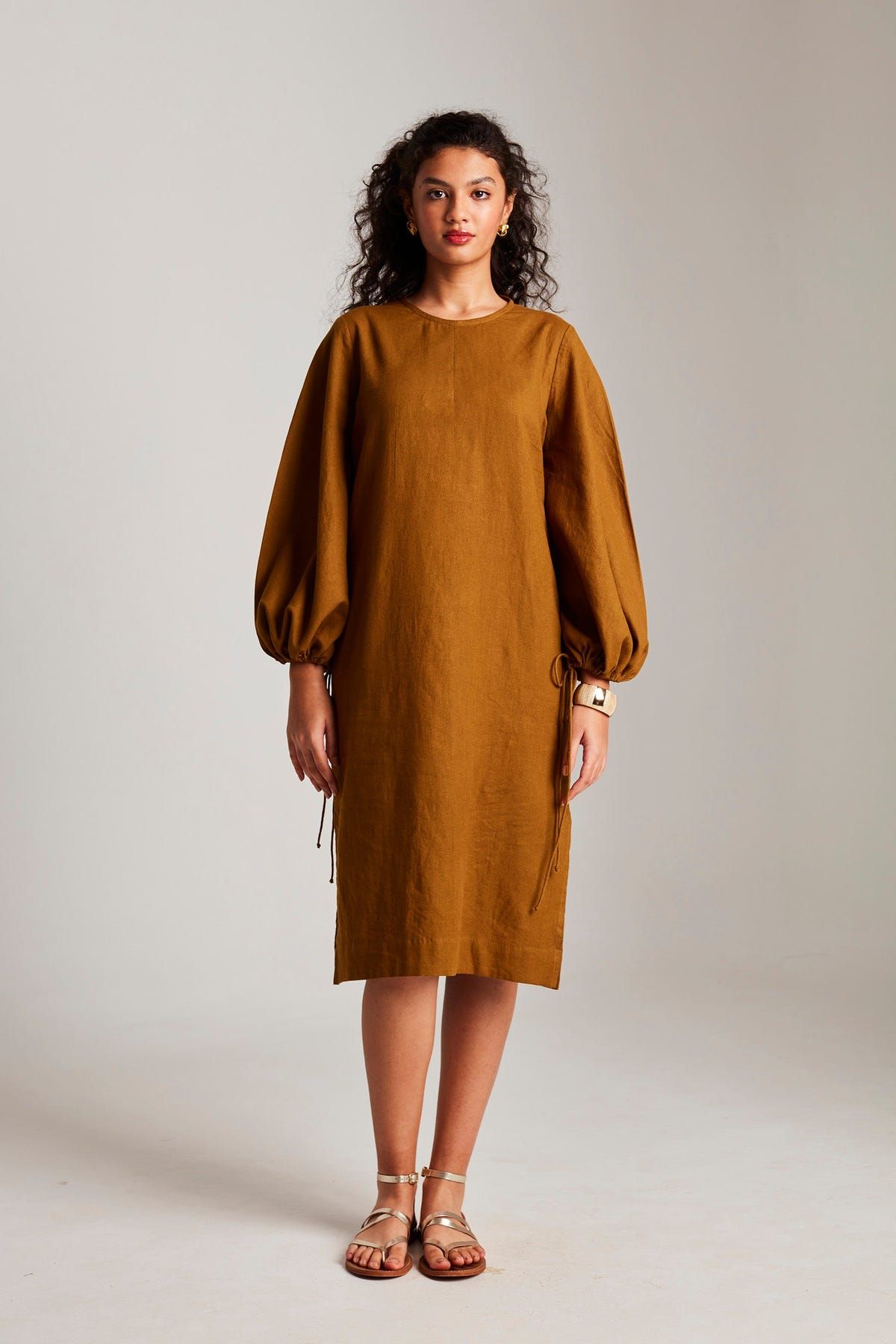Olive Co-Linen Balloon Sleeves Dress - Sale - image 1