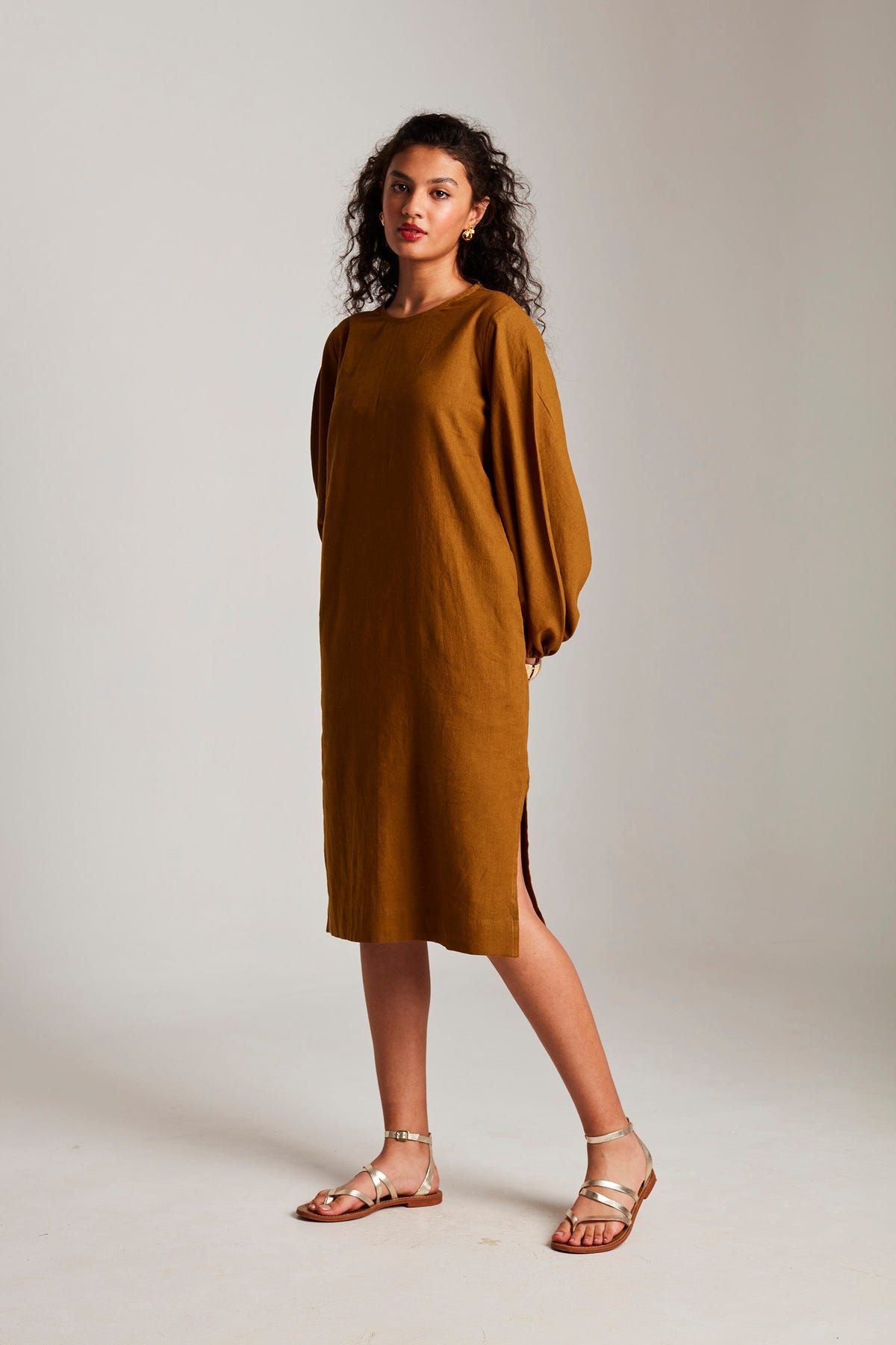 Olive Co-Linen Balloon Sleeves Dress - Sale - image 3