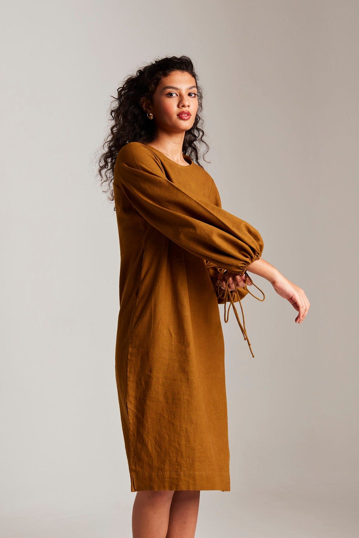 Olive Co-Linen Balloon Sleeves Dress - Sale - image 4