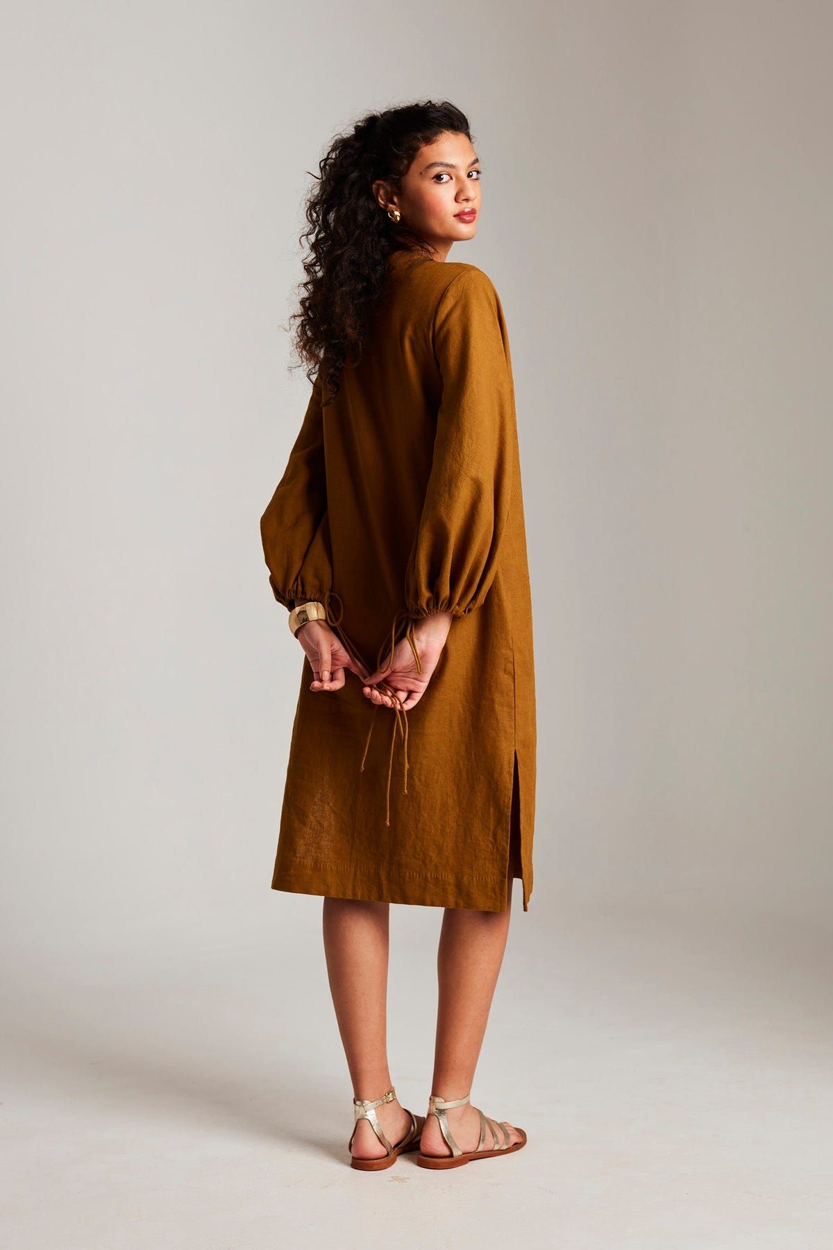 Olive Co-Linen Balloon Sleeves Dress - Sale - image 5