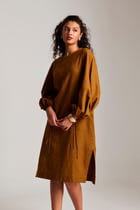 Olive Co-Linen Balloon Sleeves Dress - Sale view 7