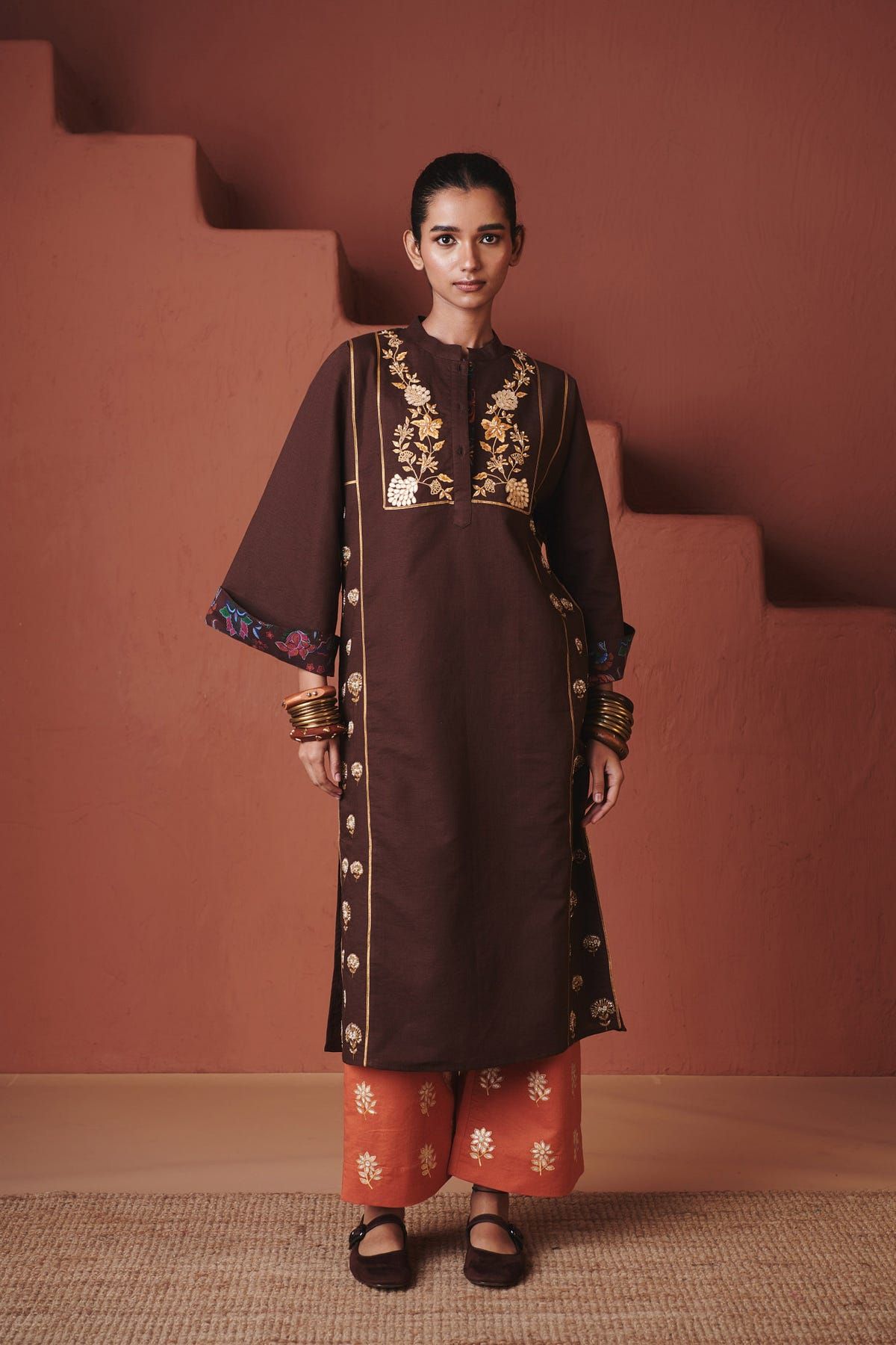 Coffee Co-Linen Multi-Panelled Kurta Set - image 1