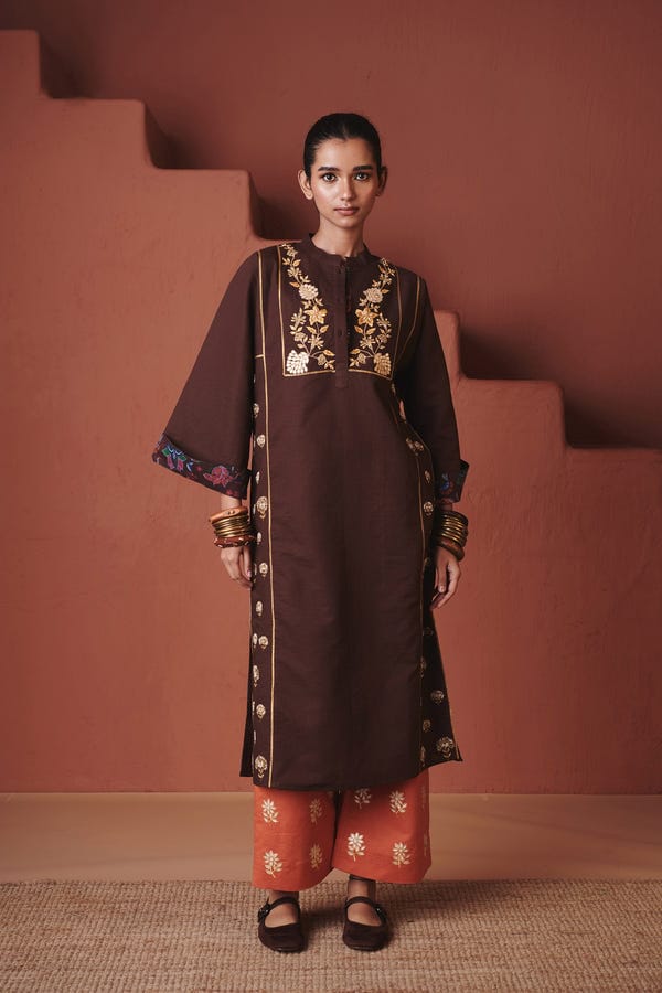 Saphed — Coffee Co-Linen Multi-Panelled Kurta Set