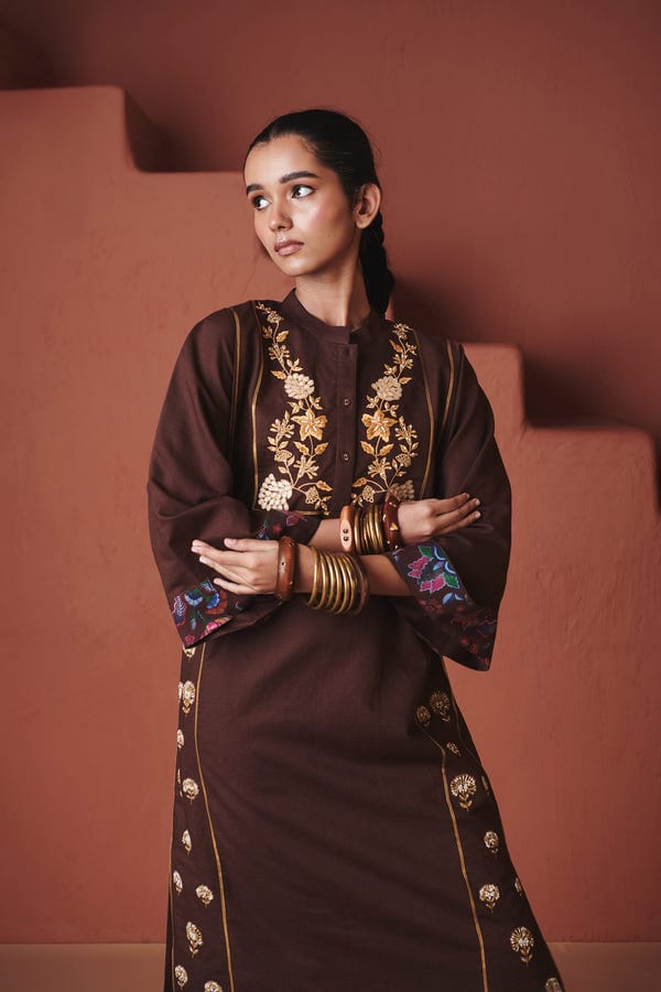 Saphed — Coffee Co-Linen Multi-Panelled Kurta Set
