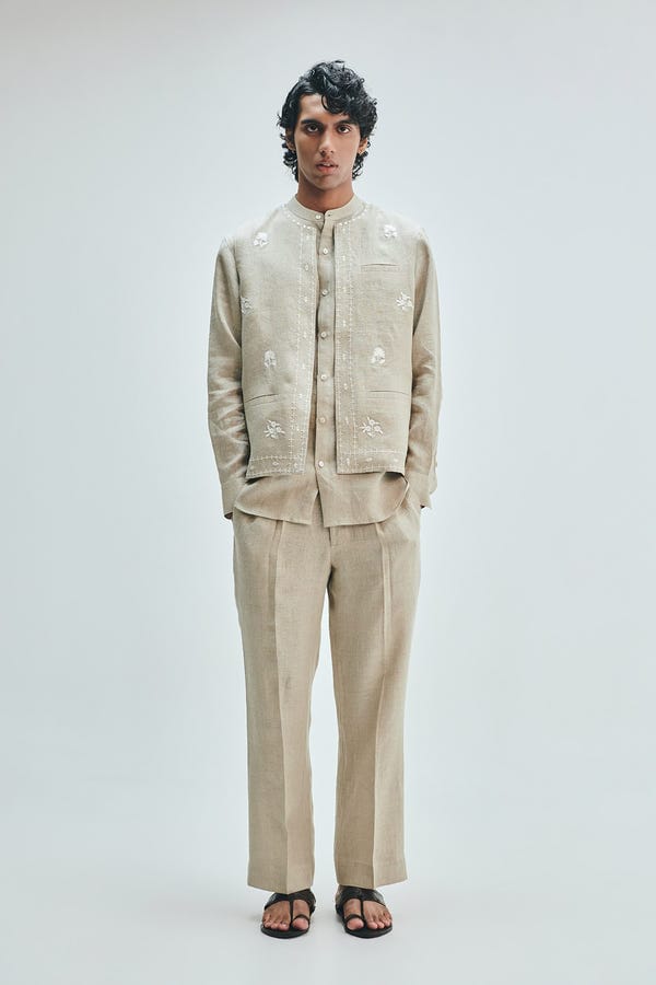Saphed — Undyed Linen Embroidered Men's Collarless Nehru Jacket Set
