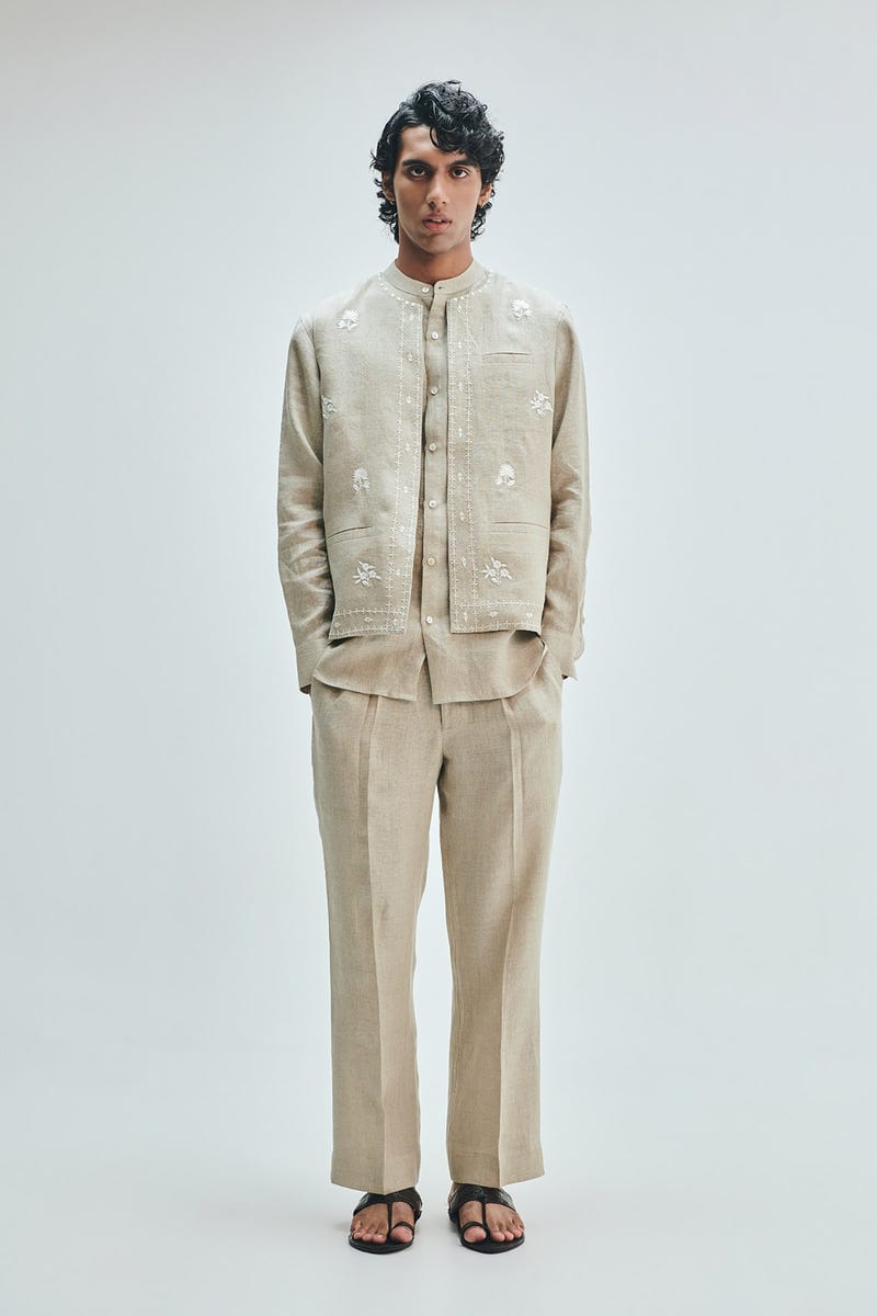 Undyed Linen Embroidered Men's Collarless Nehru Jacket Set