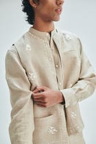 Undyed Linen Embroidered Men's Collarless Nehru Jacket Set view 11
