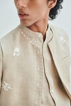 Undyed Linen Embroidered Men's Collarless Nehru Jacket Set view 6