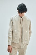 Undyed Linen Embroidered Men's Collarless Nehru Jacket Set view 8