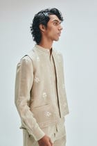 Undyed Linen Embroidered Men's Collarless Nehru Jacket Set view 10