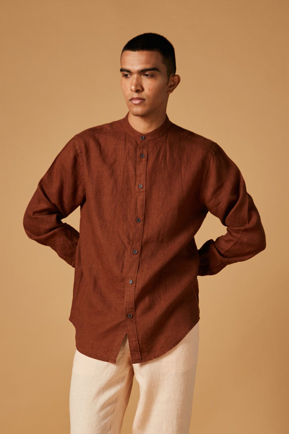 Cinnamon Linen Men's Band Collar Shirt - image 1