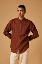 Cinnamon Linen Men's Band Collar Shirt view 1