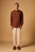 Cinnamon Linen Men's Band Collar Shirt view 2