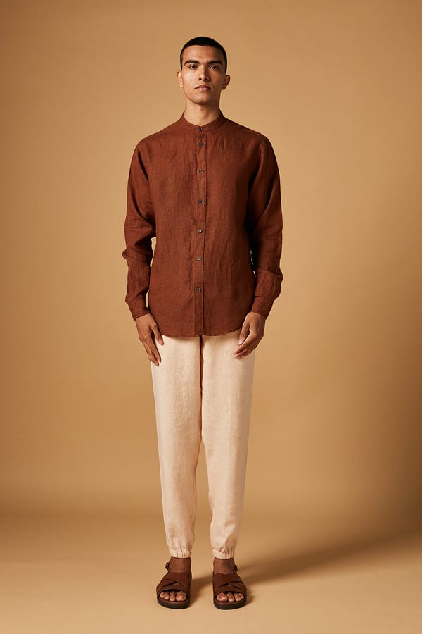 Saphed — Cinnamon Linen Men's Band Collar Shirt