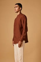 Cinnamon Linen Men's Band Collar Shirt view 3