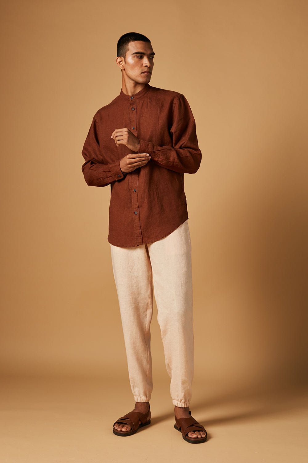 Cinnamon Linen Men's Band Collar Shirt - image 4