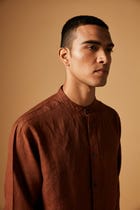 Cinnamon Linen Men's Band Collar Shirt view 6