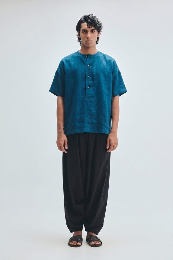 Saphed — Indigo Linen Men's Half Sleeves Panelled Shirt Kurta