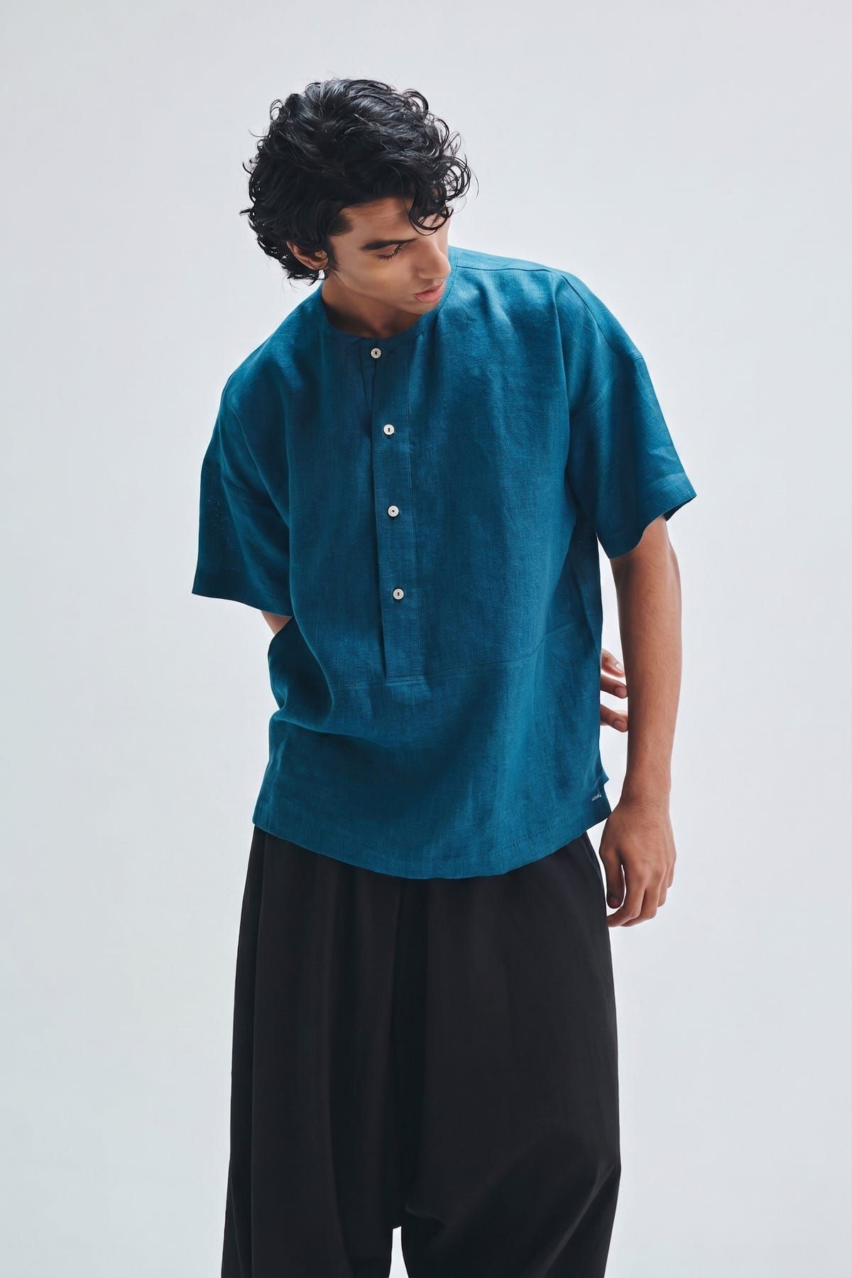 Indigo Linen Men's Half Sleeves Panelled Shirt Kurta - image 3