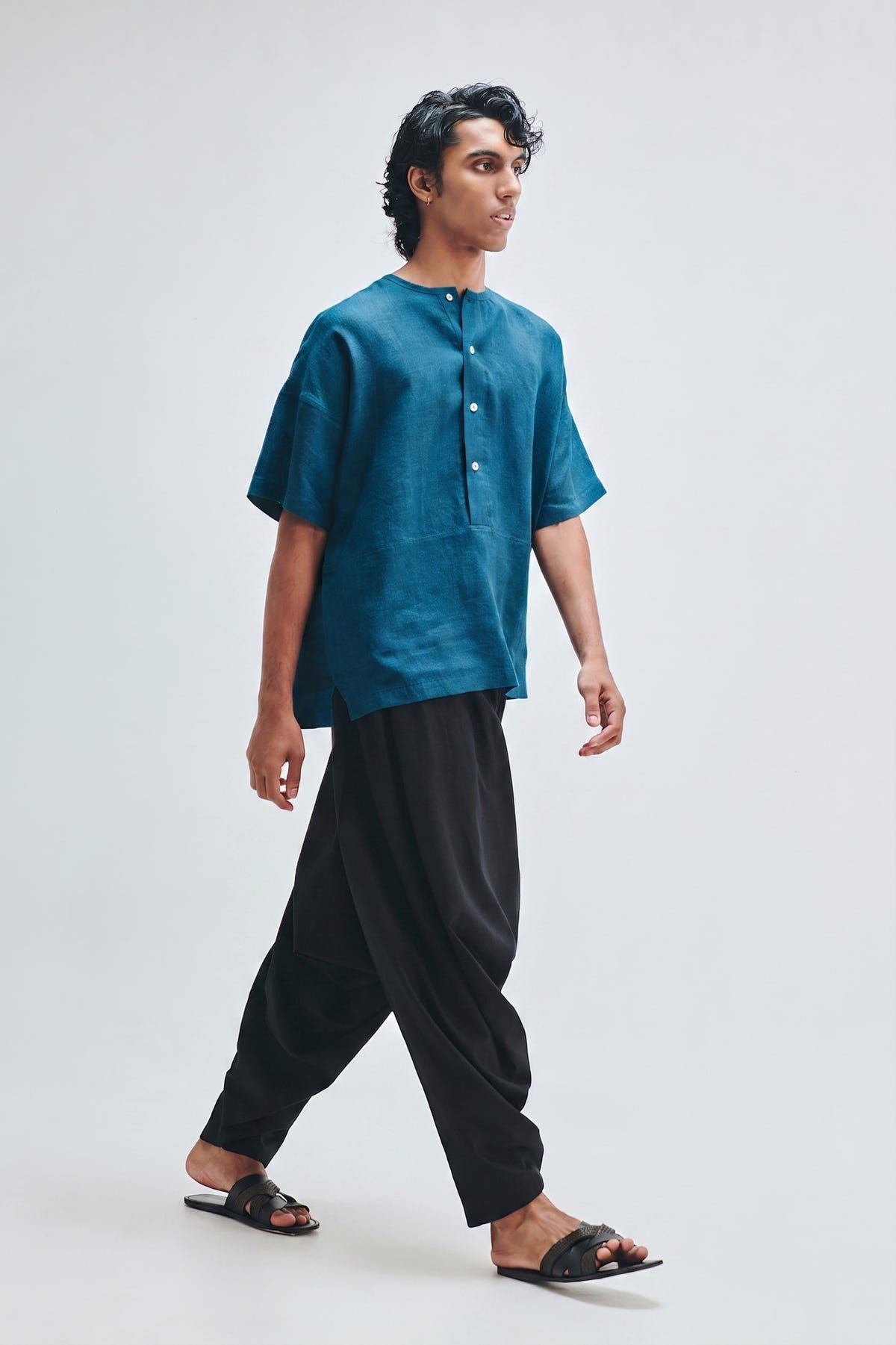 Indigo Linen Men's Half Sleeves Panelled Shirt Kurta - image 4