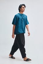 Indigo Linen Men's Half Sleeves Panelled Shirt Kurta view 4
