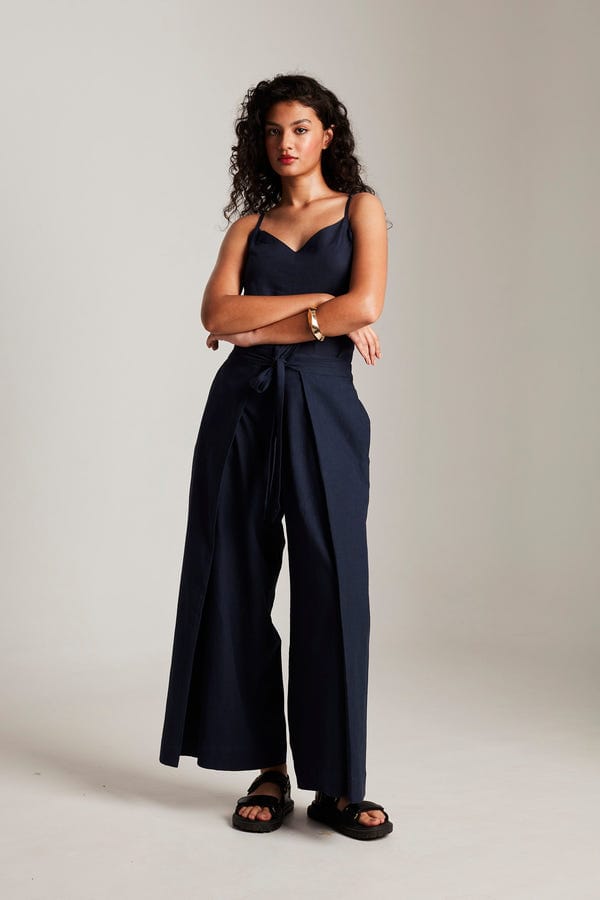 Saphed — Navy Co-Linen Wrap Pants - Sale