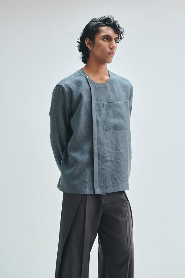 Saphed — Slate Linen Men's Side Placket Shirt