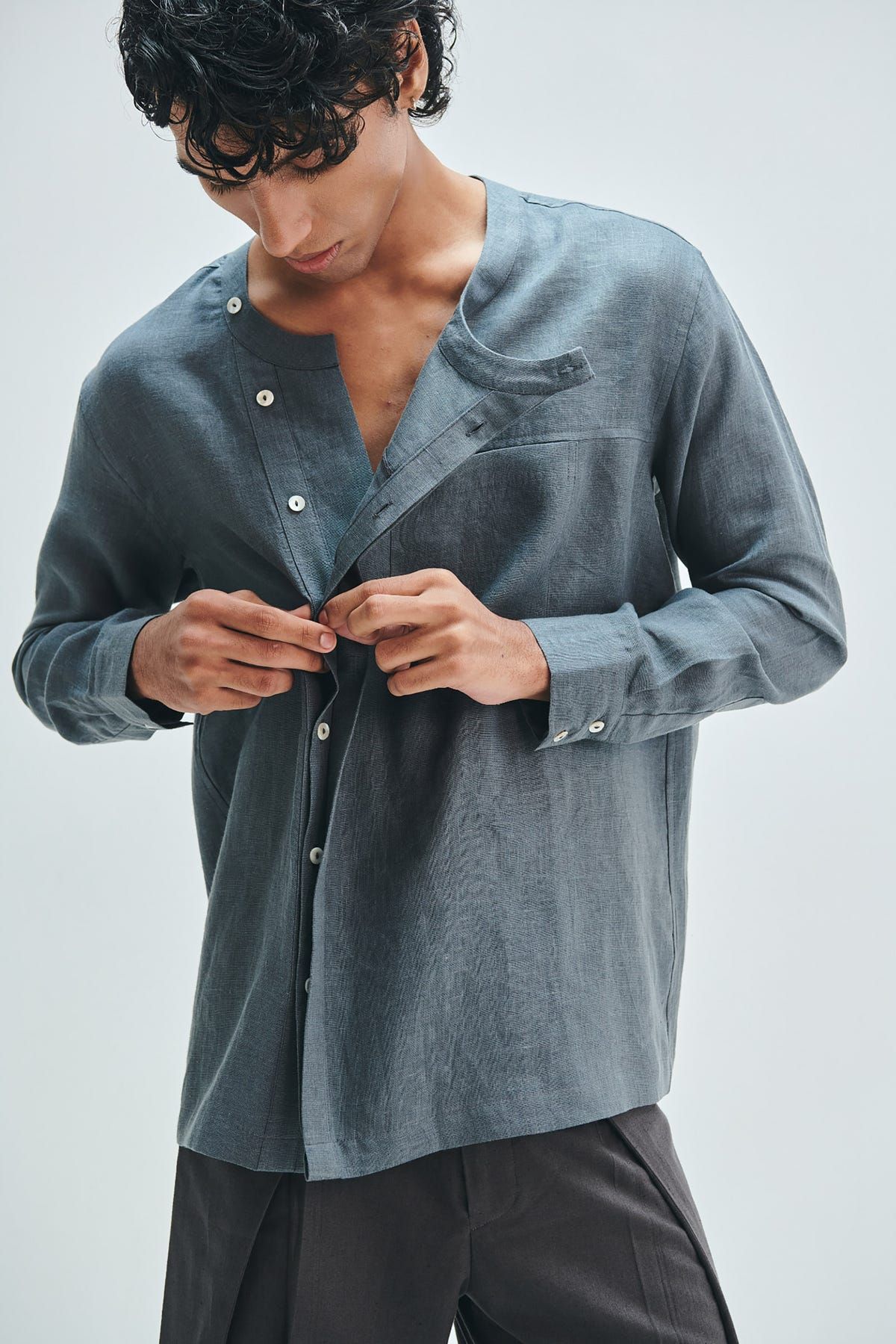 Slate Linen Men's Side Placket Shirt - image 7