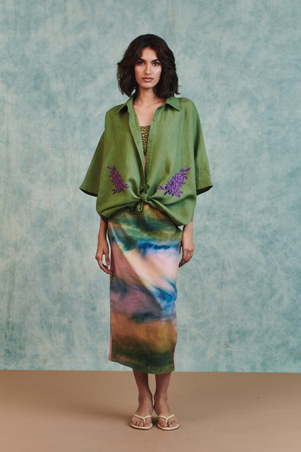 Saphed — Moss Linen Applique Breeze Shirt