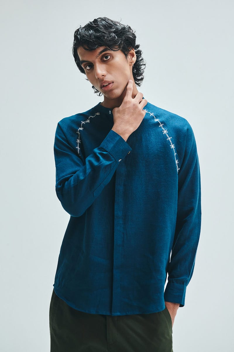 Indigo Linen Embroidered Men's Raglan Shirt
