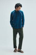 Indigo Linen Embroidered Men's Raglan Shirt view 11