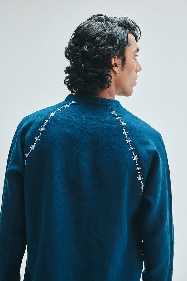 Saphed — Indigo Linen Embroidered Men's Raglan Shirt