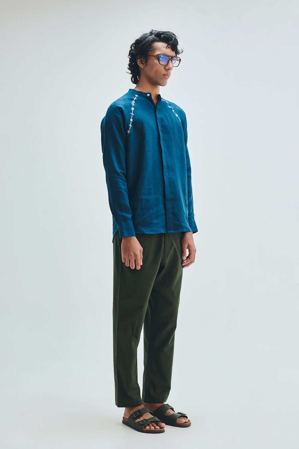 Indigo Linen Embroidered Men's Raglan Shirt - image 3