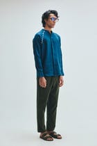 Indigo Linen Embroidered Men's Raglan Shirt view 3