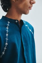 Indigo Linen Embroidered Men's Raglan Shirt view 6