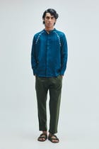 Indigo Linen Embroidered Men's Raglan Shirt view 7