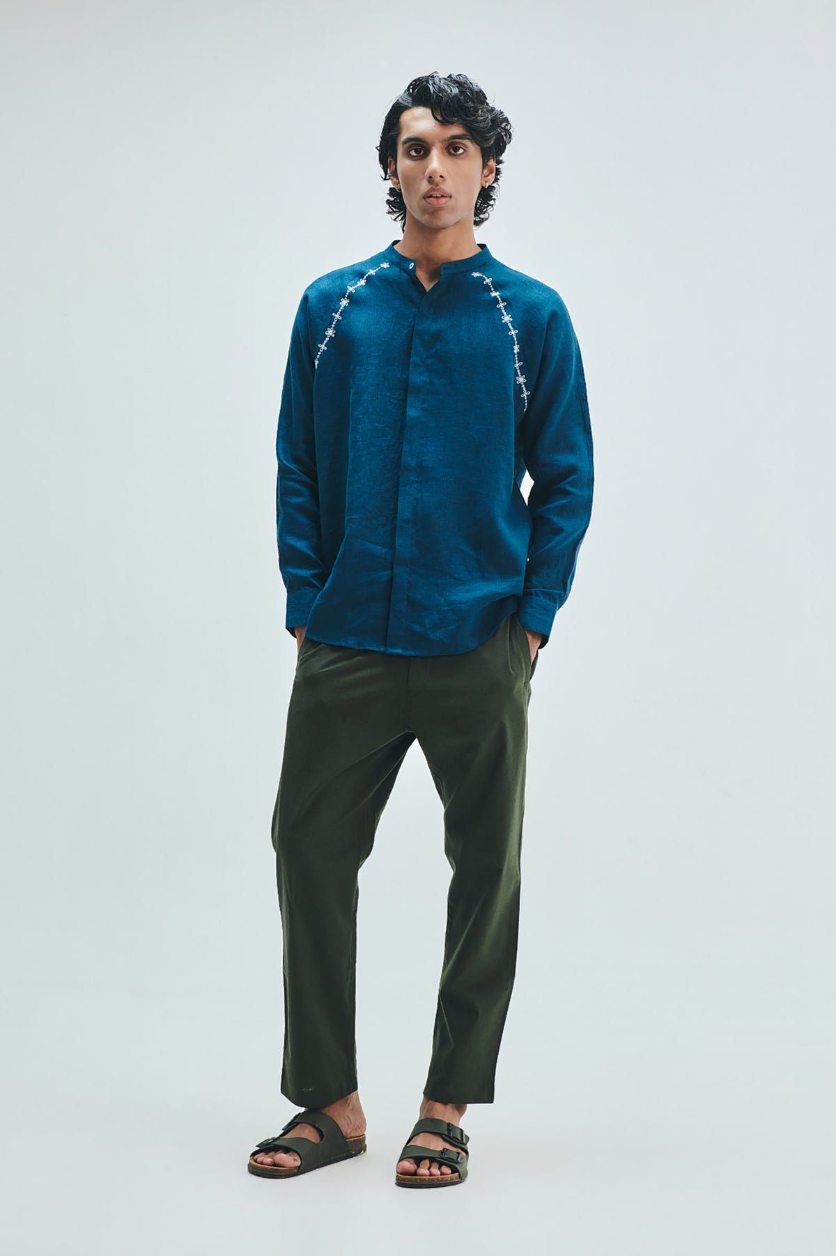 Indigo Linen Embroidered Men's Raglan Shirt - image 8