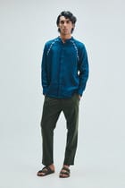 Indigo Linen Embroidered Men's Raglan Shirt view 8