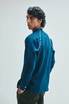 Indigo Linen Embroidered Men's Raglan Shirt view 9