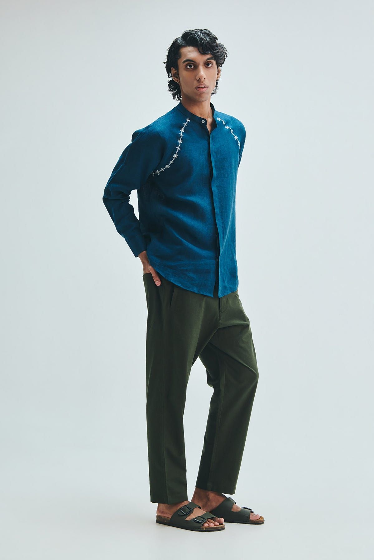 Indigo Linen Embroidered Men's Raglan Shirt - image 10